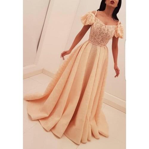 A-Line V-Neck Floor-Length Lace Puff Sleeve Evening Dress With Spaghetti Strap Sashes