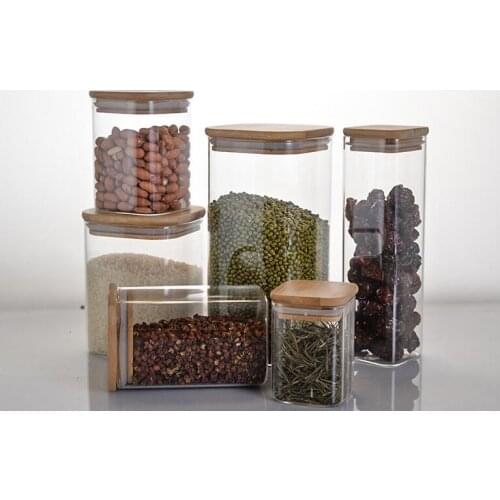 1PC Square Storage Food Container Bamboo Lid High Borosilicate Food Sealed Glass Tank Kitchen Grain Storage Tank JO 1031
