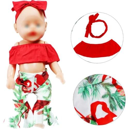 Doll Clothes Fit 18 inch 43cm Baby Doll Off Shoulder Red Blouses Tops + Leaf Pattern Trousers + Hair Band Outfit Accessories