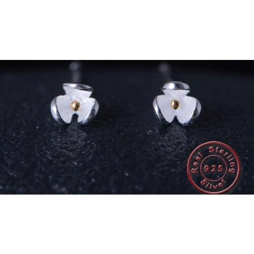 Amxiu Cute Flower Stud Earrings Two Tones Color 100% 925 Sterling Silver Jewelry Fashion Earrings For Girls Students Accessories