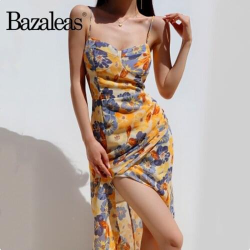 Bazaleas Fashion summer Dress Chic Yellow Floral Print women dress Ruffles vestidos Vintage Dresses
