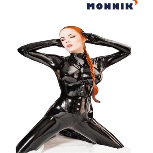 MONNIK latexSexy Latex Black Zentai Catysuit Women Rubber with Zipper Unique for Club Wear