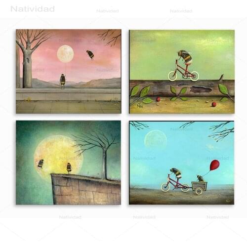 Cartoon Bee Bicycle Nordic Posters and Prints Wall Art Canvas Painting Balloon Nursery Art Prints Wall Pictures for Kids Room