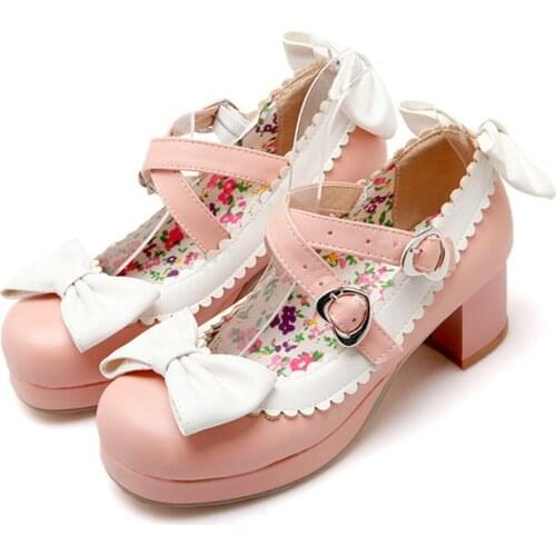 Lolita Shoes Pink Platform Women Chunky Block Heel Pumps Sweet Student School Japanese Kawaii Shoes Black Beige Large Size41 42