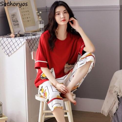 Pajama Sets Women Calf-length Soft Loose Sleepwear Korean Style Comfortable Students Mom Fashion Cozy Lightweight Simple Pocket