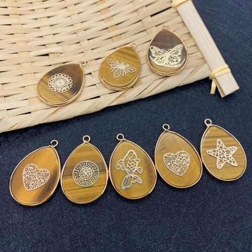 Natural Stone Tigers Eye Pendant Drop-shaped Metal Edging Gold Pattern Animal Pattern for DIY Making Ladies Charm Jewelry