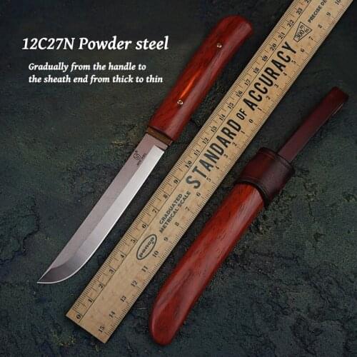 JAMESHIFU Camping Knife Full Tang VG10 Damascus/12C27 Steel Blade Rosewood Handle Utility Fixed Knives with Wooden Scabbard