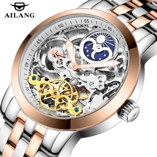 AILANG 2021Casual Business New Mens Watch 50M Life Waterproof Hollow Fully Automatic Mechanical Stainless Steel Strap 6812G