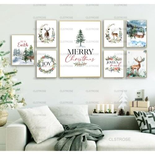 Christmas Theme Home Poster Beautiful Snow Scene Decoration Painting Flower Christmas Tree Elk Bedroom Living Room Wall Art