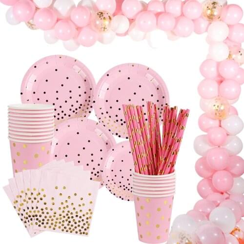 Pink Gold Party Disposable Tableware Set Paper Plates Cup Straws Napkin Balloon Garland Baby Shower Girl Decor Baby 1st Birthday