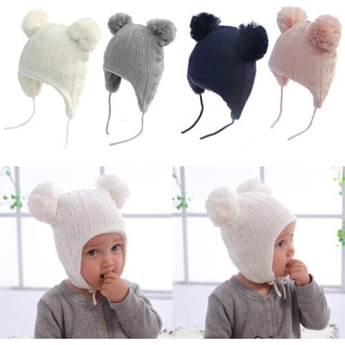 Autumn Winter Cute Hair Ball Baby Hat Infant Ear Protection Cap Knitted Beanie BX0D