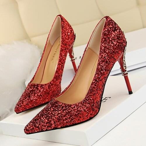 Sequin heels pumps women shoes 2021 fashion thin heels ladies shoes pointed toe wild wedding party single shoes woman pumps