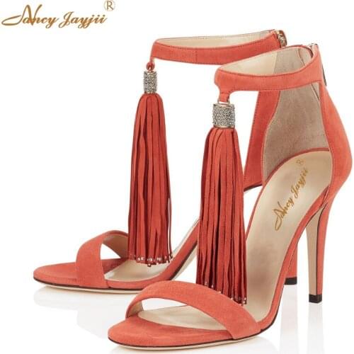 Fringe Womens Spring Summer Open Toe Chunky High Heels Large Size Tassel Ankle Dress Sandals Suede Handmade Zip Pumps