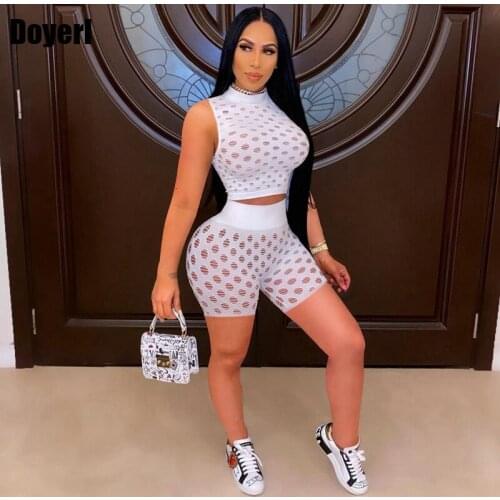 Sexy Hollow Out Two Piece Set Women Shorts Matching Sets Crop Top Biker Shorts Summer Outfits for Women Tracksuit 2 Piece Set
