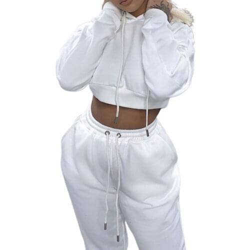 2021 1 Set Drawstring Women Hoodies Pants Set Hooded Drawstring Women Long Sleeve Crop Top Hoodies Pockets Trousers for Sports