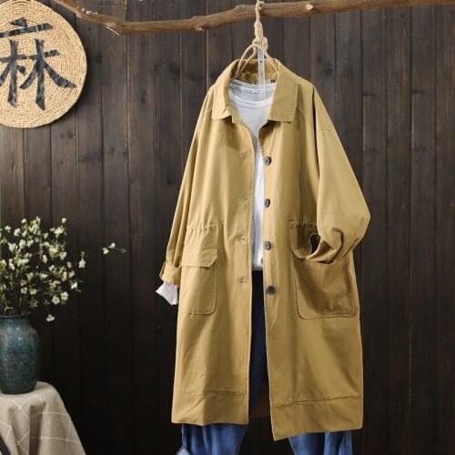 Womens Trench Coats Top 2021 Autumn Elegant Single-Breasted Mid-Length Windbreaker Jacket Pure Cotton Drawstring Overcoat Coat