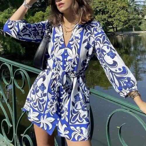 2021 Autumn Blue Print Women Shirt Mini Dress Elegant V-neck Lace Up Lantern Long Sleeve Female Dresses Fashion Lady Vestido Za