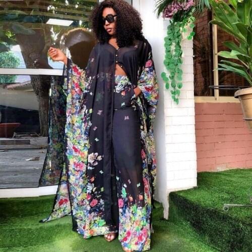 African Dress Clothes For Women Cover Up Tops And Pant Suit Fashion Floral Print Chiffon Robe Streetwear Africa Clothing Outfits