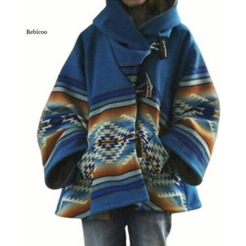 3Xl Women Coat Long-Sleeved Hooded Printed Woolen Outerwear Wool Blends Woman Jacket Autumn and Winter New