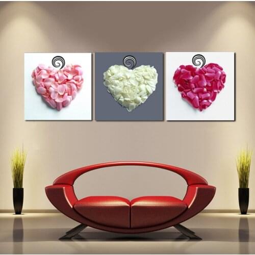 3 Panels Wall Decorative Pictures Love Heart Flower Petals Art Canvas Bedroom Head of Bedside Oil Painting No Framework