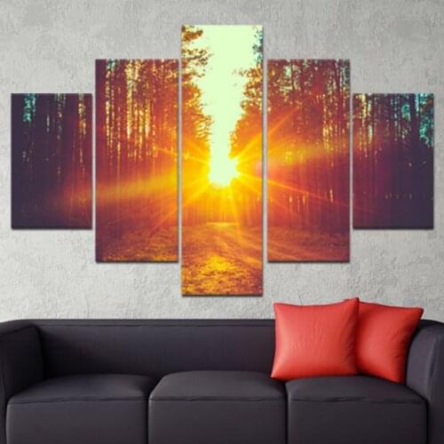5 Panel Large HD Printed Canvas Print Poster Painting Yellow Light Sunshine Forest Home Decor Wall Art Picture For Living Room