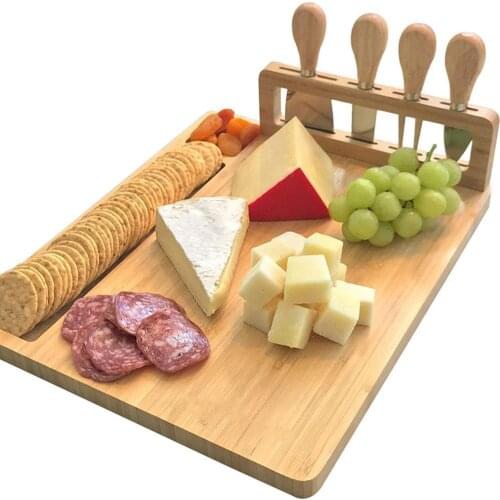 Bamboo Cheese Board Cutlery Knif Set Cutting Board Scoop 4 Stainless Cooking Knives Steel Tools Fork Slicer with Cheese Cut R5J9