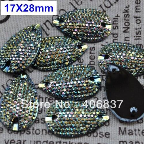 Free Shipping, 50pcs/Lot, 17*28mm All-star Metallic Peridot sew on teardrop flat back resin sew on stones