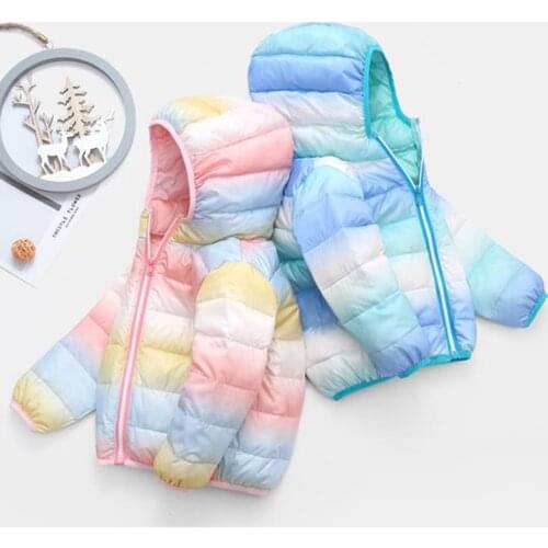 Children Boys Girls Winter 100% Down Jacket Coat With Hoody Baby Kids Rainbow Color Outerwear Overall Infant Snowsuit Clothes