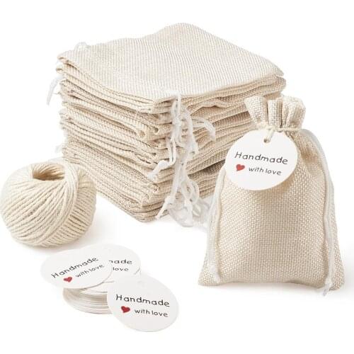 30pcs Burlap Bags Jute Drawstring Gift Bag Packing Pouches Paper Price Tag Hemp Cord Twine String for Christmas Jewelry Display