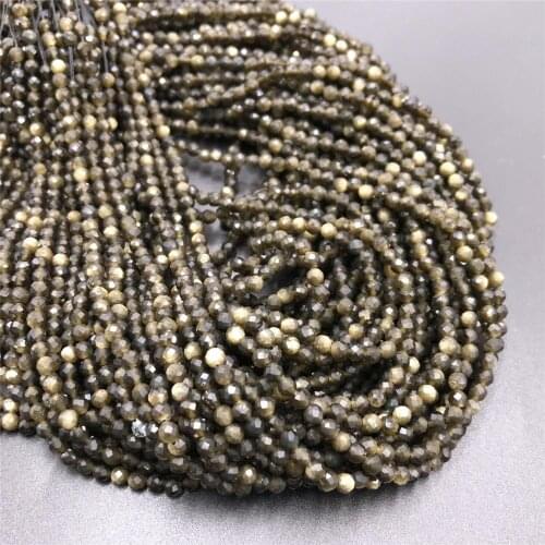 Faceted Natural Gold Black Obsidian Beads 2mm 3mm Tiny Small Shiny Loose Gem Stone Beads for Jewelry Making Bracelet Supplies