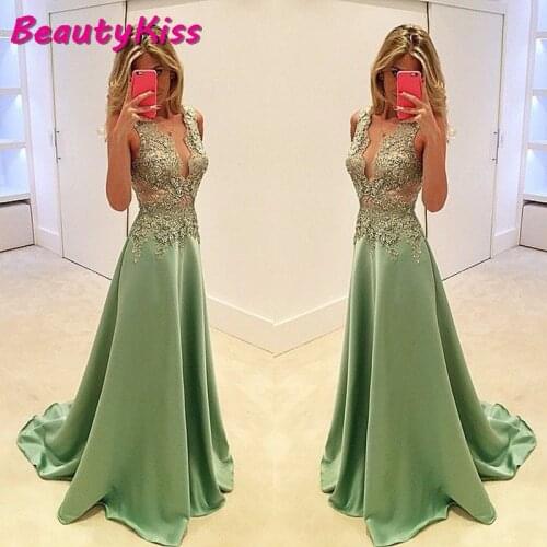Exquisite Satin Long Evening Dresses 2020 A Line Lace Appliques Vestidos Sexy V Neck Sleeveless Prom Dress Floor Length