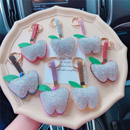 Creative Leahter Diamond Rhinestones Apple Keychain Cute Fruit Bag Pendant Car Keychain Pendant Small Gift
