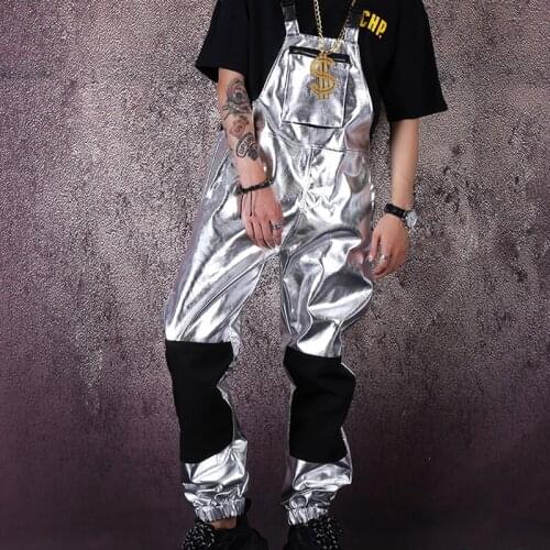 Mens Pants Real leather Sliver Match Punk Cargo Bling Rock Overalls Trousers Slim Fit New 2020