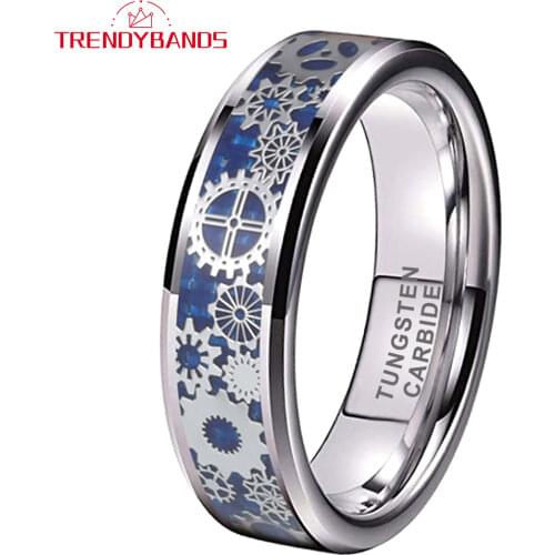 6MM Mens Womens Tungsten Carbide Rings Wedding Bands Gear Blue Carbon Fiber Inlay Beveled Edges Comfort Fit