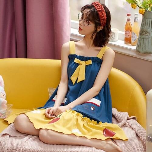 Sling Nightdress Womens Summer Cotton Sexy Long Over-the-knee Pajamas Princess Style Cute and Charming Home Service Sleep Dress
