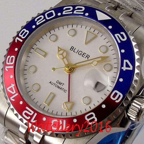 New Arrival BLIGER Yellow Gold Plated Self Winding Men Watch GMT Movement Jubilee Bracelet White Dial Sapphire Crystal
