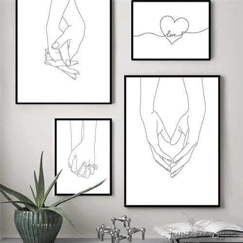Abstract Line Love Heart Poster Holding Hands Canvas Prints Black and White Posters Pictures Modern Wall Art Decoration