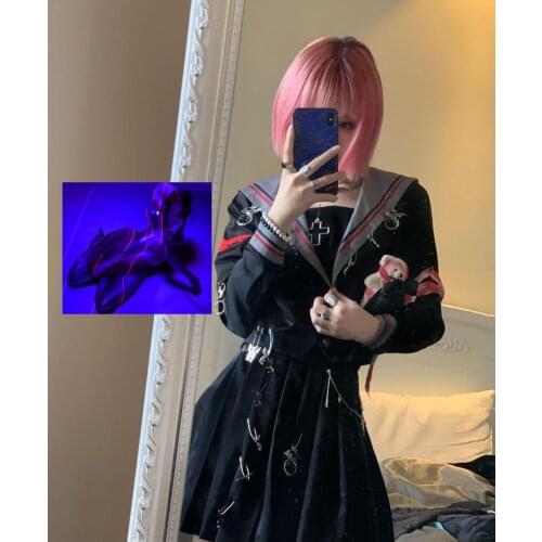 Ruibbit Women Japanese Harajuku Girls Pink T Shirts Printed Top Black Long Sleeve JK Sailor Uniform Loose Gothic Girls Top