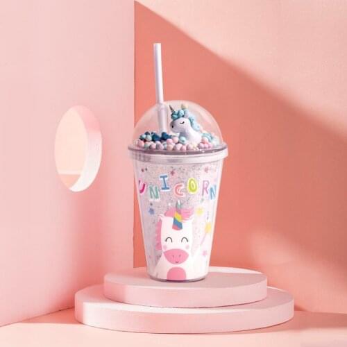 Cute Unicorn Water Cups Straw Type With Lid 380ml Drinking Bottle Student Water Cup Cute Plastic Female Cartoon Kettle Mug