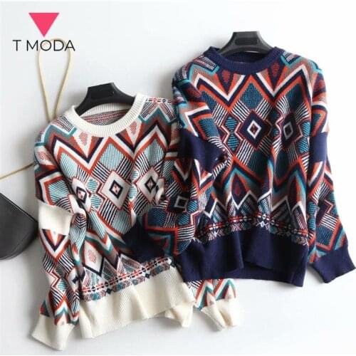 T MODA 2021 Autumn Winter Women Ethnic Geometric Knitted Sweater Vintage Female O Neck Short Pullover Lady Knit Jumper Chic Tops