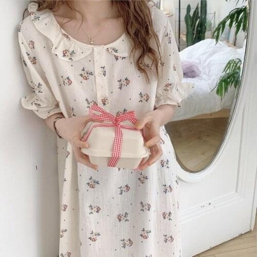 Korean Summer Cotton Nightdress Womens Flower Nightgown Short Sleeve Dress Ruffle Sweet Housewear Female Sleepwear Lnightwear