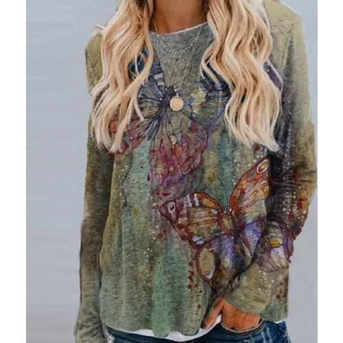 Autumn Spring Casual O Neck Long Sleeve Loose Pullover Top Elegant Butterfly Printed Lady Blouse Fashion Streetwear Women Shirt