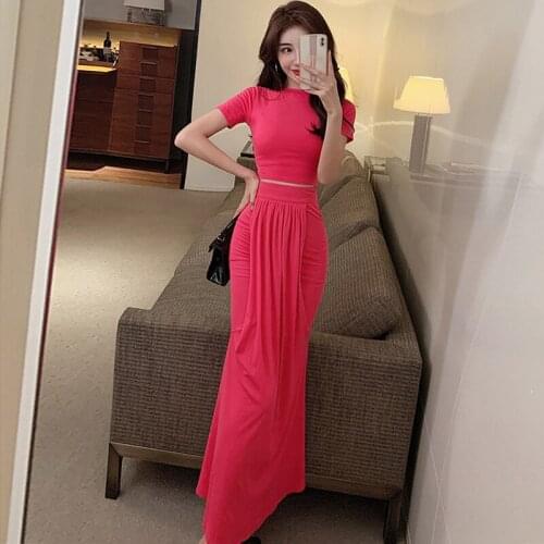 Korean Style Vintage Women Streetwear Simple Casual Short Sleeve Short Tops Shirt Blouse High Waist Skirt Female 2 Pieces Set