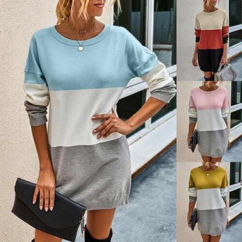 Fashion Sweater Women Dress Women O Neck Strips Color Block Slim Long Sweater women clothing Mini Dress Warm Turtleneck Vestidos