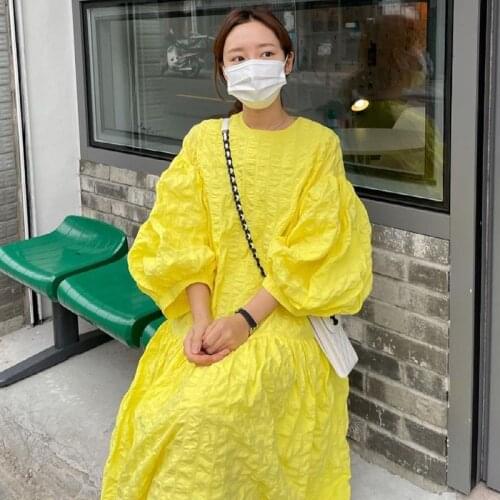 Korea Chic Age-reducing Gentle Yellow White Round Neck Fold Design Loose Lantern Sleeve Large Swing Dress Female