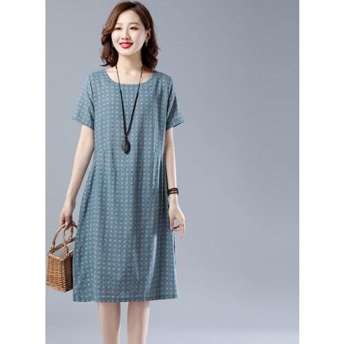 Women Summer Loose Casual Dress New 2021 Simple Style O-neck Vintage Plaid Cotton Linen Female Knee-length A-line Dresses S4050