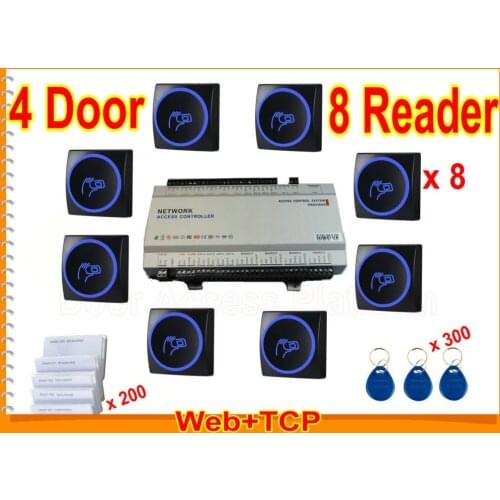 2018 Newest RFID Card Reader with LED light and 4 Door Access Controller Panel with WebInterface+TCP/IP+Softwarecontrol+8 reader