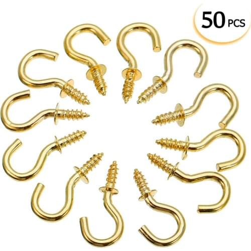 50pcs/set Brass Plant Picture Hanger Plastic Cup Screw Hook Jewelry Holder Iron Hooks For Hanging Lights Curtains