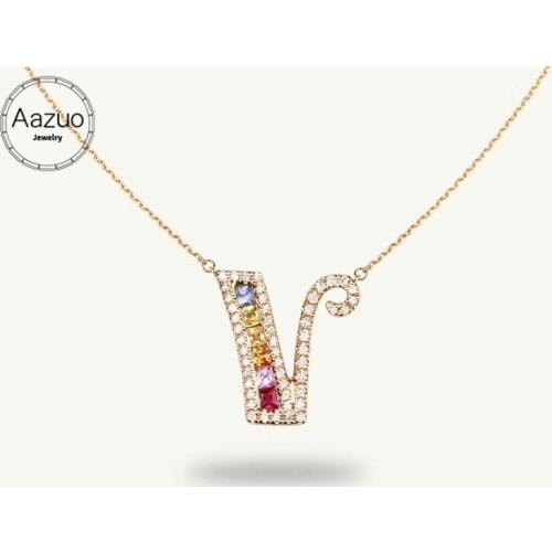 Aazuo 18k Rose Gold Natural Colour Gemstone Real Diamond Original Lucky Initial Letter Free Pendent Necklace gifted for Women