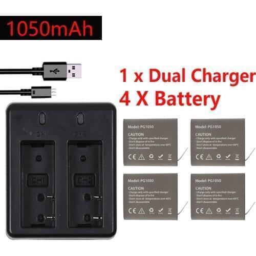 4Pcs X 1050mAH PG1050 Camera Battery + Dual Charger For EKEN H9 H9R H3R H8R H8PRO H8 SJ4000 SJ5000 M10 Action Camera Batteria